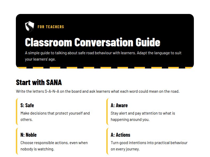Preview of the SANA Classroom Conversation Guide with discussion questions and a class activity.
