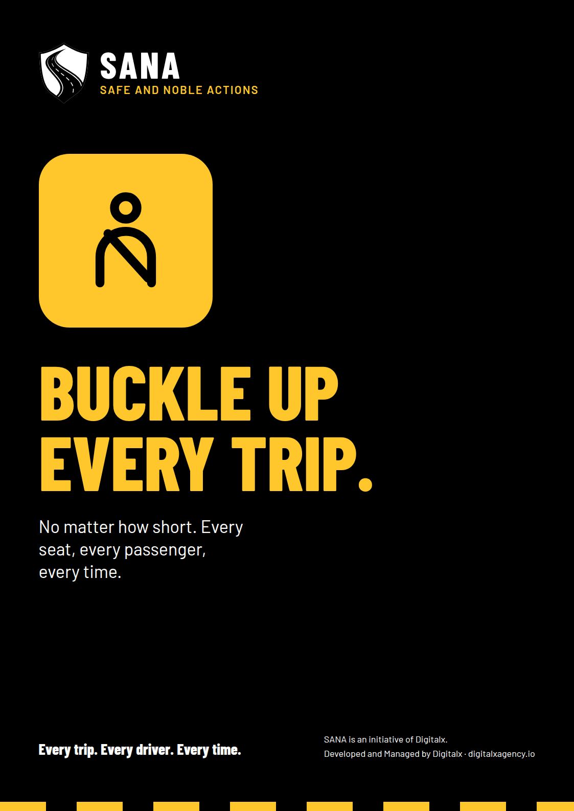 SANA poster reading Buckle up every trip, no matter how short, with a seat-belt icon.