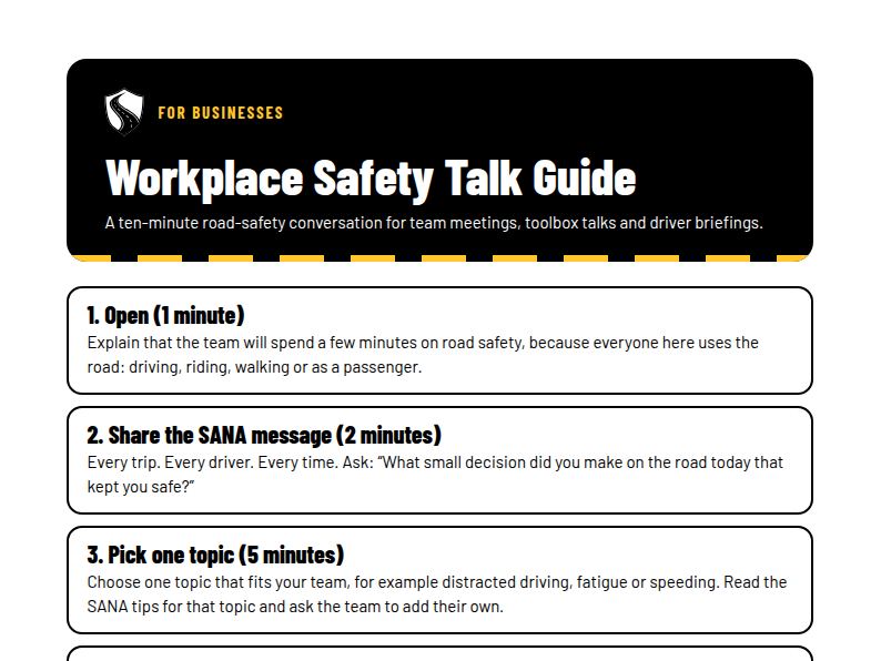 Preview of the SANA Workplace Safety Talk Guide with a short talk outline and discussion points.